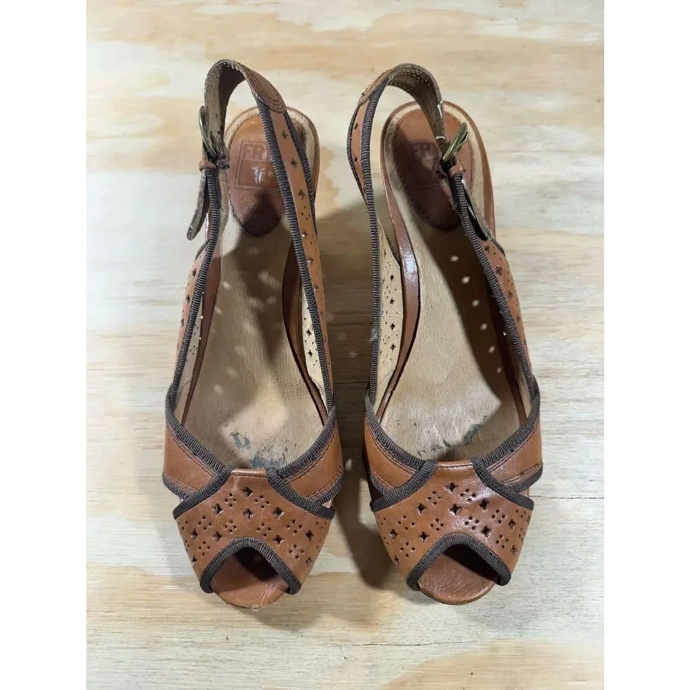 Frye Ada Slingback Brown Perforated Peep-Toe Heels Women’s Size 8
